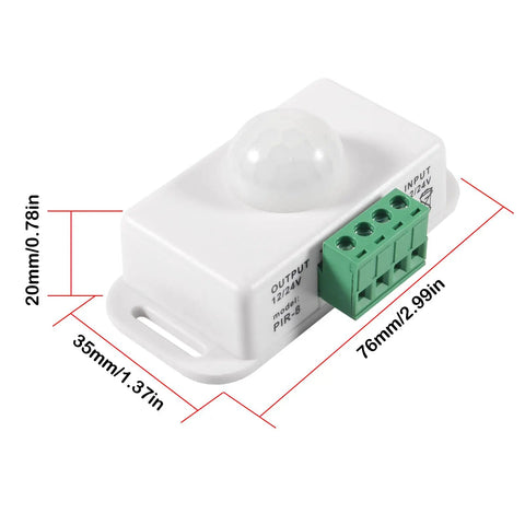 2 Pack No Brainer 12V-24V PIR Motion Sensor Switch for LED Light Strips Infrared Controller With Adjustable 1-10 Min Delay Auto On Off Motion Activated Sign Control 8 Meters Detection Range White, 76x35x20mm