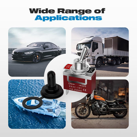 Marine Grade Waterproof Toggle Switch 2 Pin SPST On Off 12V DC 30A 125VAC 20A shown with car, truck, boat, and motorcycle use