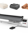 Commercial Grade Rotary Steam Iron With Massive 36 Inch Roller And Continuous Steam Generator That Demolishes Stubborn Wrinkles Fast Using Reliable Foot Pedal Control For Slick Wrinkle Free Results Always, with three folded blankets.