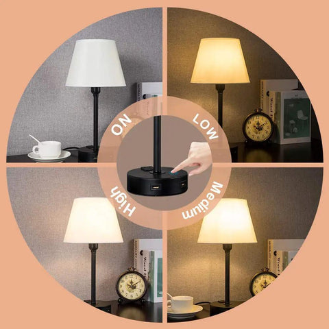 Lit Touch Control Table Lamp With Dual USB Ports And AC Outlet, illustrated with 3-way dimmable settings and white fabric shade