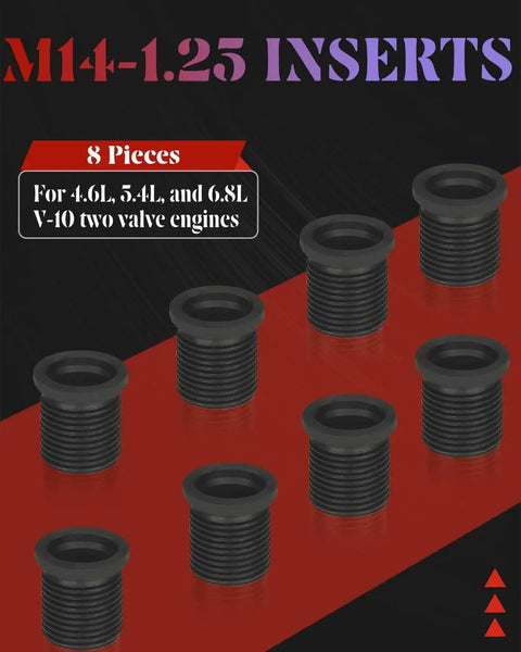 Eight M14-1.25 inserts for Two Valve Triton Spark Plug Thread Repair Kit with No Brainer System.