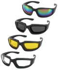 Slick And Tight Motorcycle Riding Glasses With Thick Silicone Padding For Knockout Windproof Dustproof Shield Rad UV400 Polycarbonate Lenses in four styles.