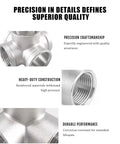 Close-up of 304 stainless steel 5-way cross pipe fitting NPT female threads highlighting precision craftsmanship and heavy-duty construction.