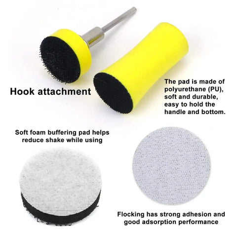 Get Ready To Rock Your Projects With This Massive 191PC Set Of Premium 1 Inch Wet Dry Sanding Discs Featuring Convenient Hook Loop Backing Pads For Serious Precision Grinding And Polishing Done Right - Close-up of yellow polyurethane hook attachment pads.