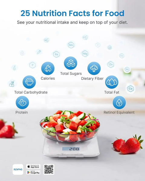 Smart Food Scale With Nutritional Calculator And App Sync For Macro Keto Calorie Tracking, salad on digital kitchen scale