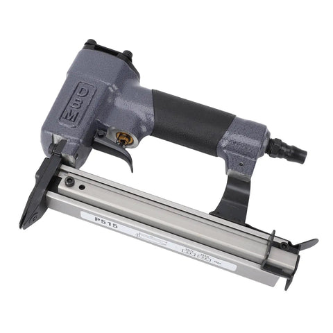 Quiet Pneumatic Brad Nailer For Woodworking And Framing With One Hundred Nail Capacity Clear View Window No Dry Firing Hassle Free Jam Removal Slick Smooth Operation Heavy Duty Air Powered Shop Tool side view showing ergonomic handle and feed window
