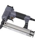 Solid As A Rock Pneumatic Brad Nailer Featuring Slick Aluminum Housing And Instant Jam Clearing Mechanism, side view with nozzle and handle.