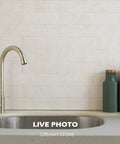 Creamy Stone Peel And Stick Backsplash Tiles For Kitchen And Bathroom Self Adhesive PVC Wall Tiles behind modern sink