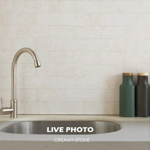 Creamy Stone Peel And Stick Backsplash Tiles For Kitchen And Bathroom Self Adhesive PVC Wall Tiles behind modern sink