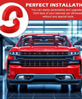 Red silicone tow hook cover for Silverado 1500 2007-2026 and GMC Sierra 1500 2007-2018, shown with front view of vehicle.