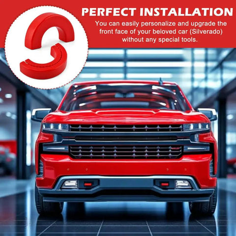 Red silicone tow hook cover for Silverado 1500 2007-2026 and GMC Sierra 1500 2007-2018, shown with front view of vehicle.