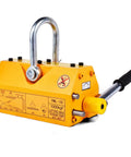 Heavy Duty Permanent Magnetic Lifter With Easy Swing Handle Stays Dead Nuts Secure On Steel Plate Round Bars Up To 1320 Lbs Capacity. Yellow magnetic lifter with handle.