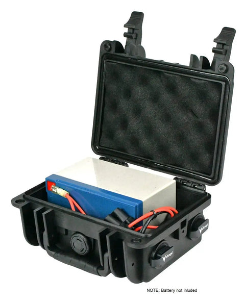 No Nonsense Waterproof Battery Box With Dual SAE Connectors For 12 Volt Gel Or Lithium Packs, showing open case with batteries inside.