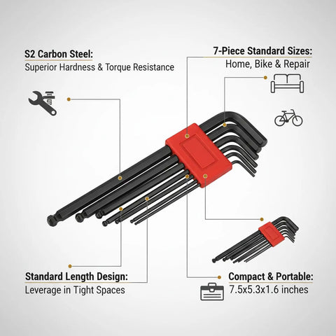 Get Rock Solid 7 Piece S2 Carbon Steel Hex Key Set Perfect For Furniture Assembly Bike Repair Heavy Duty Allen Wrench Kit Built To Last No rounding Or stripping Just Tough American Gear Ready To Tackle Any Job compact 7-piece standard sizes