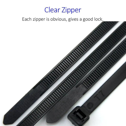 Close-up of Nylon Zip Ties 10 Inch Black Heavy Duty Cable Ties 6mm Wide Pack Of 100 for secure tie downs and cable management.
