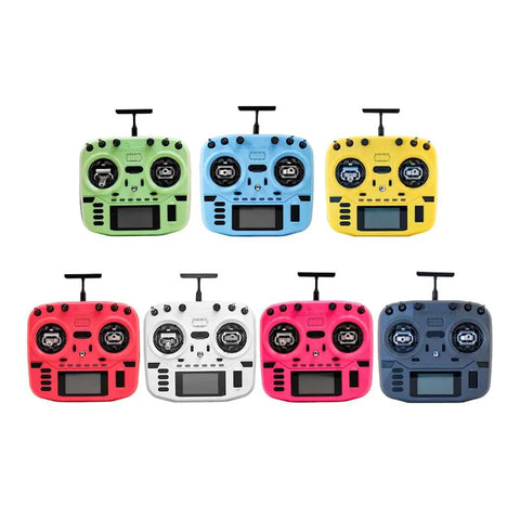 Boxer Crush EdgeTX 2.4G 16CH Transmitter With ExpressLRS RF System AG01 Hall Gimbals in assorted colors, front view.