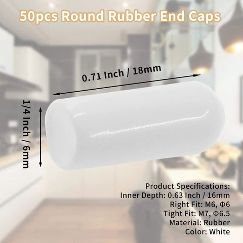 Fifty Pack White Rubber Screw Thread End Caps One Quarter Inch Six Millimeter Precision Furniture Leg Protectors Floor Scuff Guards.