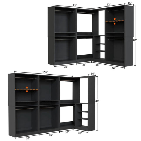 Heavy duty wood corner closet system 108 inch setup with six rods and two modular towers in sleek black finish.