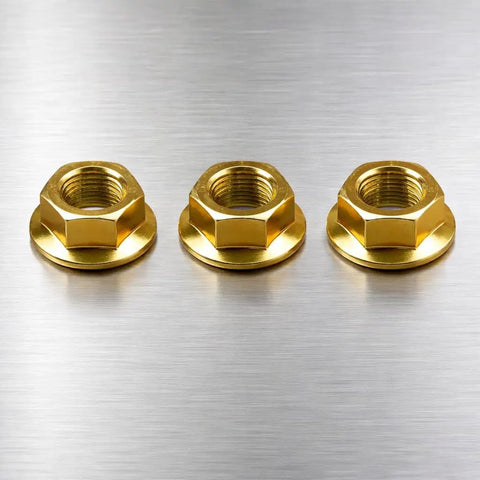 Tough As Nails Hex Flange Nuts For Lawn Mower Blade Spindle Swap, 3 heavy duty yellow nuts on brushed metal background.