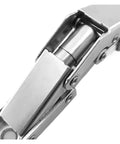 Close-up of a steel hinge from Hidden Hinge Kit 2 Pack For Cabinets And Wardrobes, 90 Degree Folding Door Hardware, Self Locking, Easy Install.