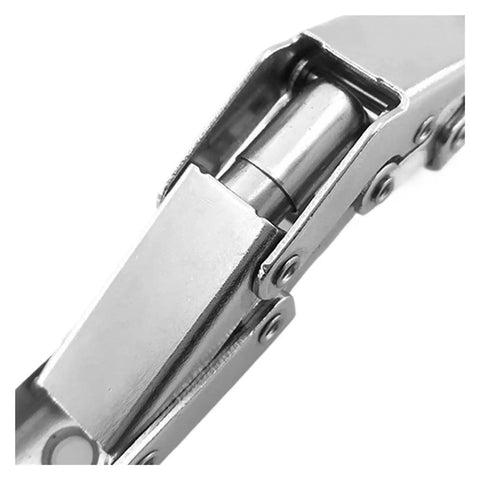 Close-up of a steel hinge from Hidden Hinge Kit 2 Pack For Cabinets And Wardrobes, 90 Degree Folding Door Hardware, Self Locking, Easy Install.