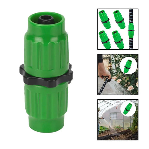 Solid Garden Hose Repair Kit With 20 To 30 Pieces Of Connector Adapters And Pipe Fittings For Leaky Hoses, Features Durable One Piece Construction That Seals Tight to Stop Drips and Keeps Water Flow Smooth All Outside. Green plastic hose connector adapter with black ring, shown for garden hose repair and irrigation use