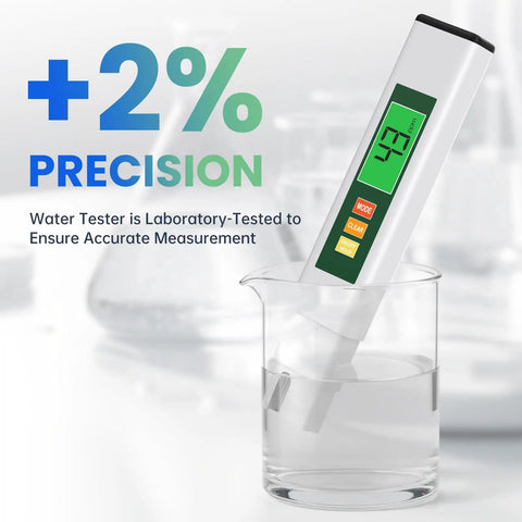Four In One TDS Meter Digital Water Tester For Drinking Water EC And Temperature Readouts 0-9990ppm in glass with green display