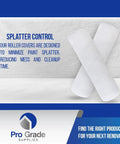 Ultimate White Nylon Paint Roller Covers For Smooth Walls Nine Inch Length Three Eighths Inch Nap Durable Washable Five Pack For Flawless Finish On Drywall And Stains with splatter control feature on white background.