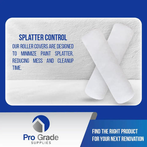 Ultimate White Nylon Paint Roller Covers For Smooth Walls Nine Inch Length Three Eighths Inch Nap Durable Washable Five Pack For Flawless Finish On Drywall And Stains with splatter control feature on white background.
