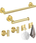 Brushed Gold 6 Piece Bath Accessory Set With 16 Inch Towel Bar, Toilet Paper Holder And 4 Hooks In Premium SUS 304 Stainless Steel