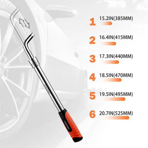 Extendable Lug Wrench With Flip Sockets 4 Piece Telescoping Tire Tool Kit Adjustable From 15.2 To 20.7 Inches next to a car wheel