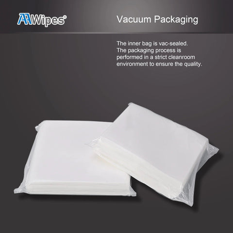 AAwipes cleanroom wipes, 6x6 in white lint-free sheets, two vacuum-sealed packs.