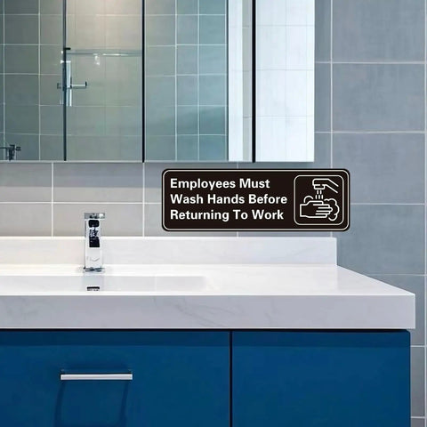 Bathroom setting with a 9x3 inch acrylic hand wash sign on the wall. Five Pack Hand Wash Signs 9 By 3 Inch Waterproof Acrylic Signs With Symbols Self Adhesive Indoor Outdoor Use For Hotels Restaurants Rest Areas Salons Public Restrooms.