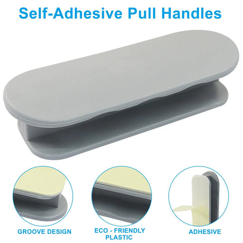 2 Pack Self Adhesive Pull Handles Gray For Cabinets Drawers And Doors Tool Free Installation No Drill Required Easy Sticky Mount Durable Grab Handles For Quick Access And Easy Pull In Any Room. Gray plastic pull handle with adhesive backing, groove design, side view