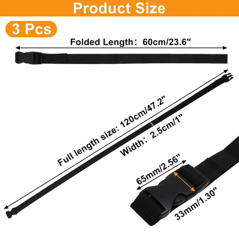 Three Pack Heavy Duty Nylon Tie Down Straps with Buckles, Adjustable 1 Inch by 47 Inch, showing folded and full length sizes