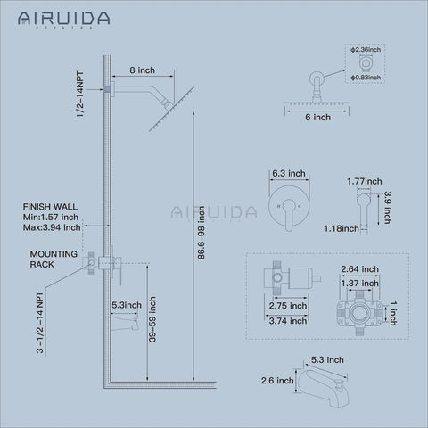 Solid Wall Mount Shower Faucet Set With Heavy Duty 6 Inch Rainfall Head And Smooth Tub Spout In Sharp Matte Black For Reliable Bathroom Overhauls And Killer Water Flow