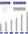 Big Time Grip Flat Head Wood Screws Size Eight By One Half Inch with various lengths displayed, showcasing 304 stainless steel material.