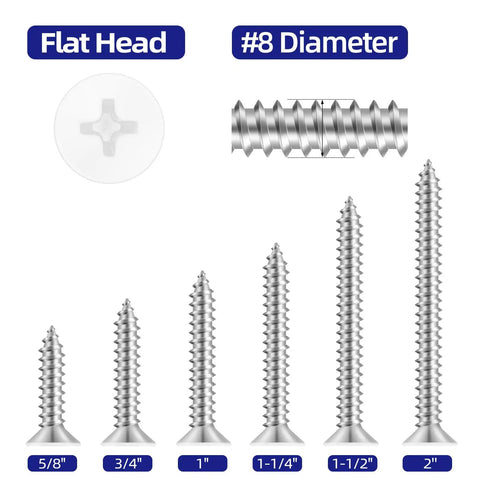 Big Time Grip Flat Head Wood Screws Size Eight By One Half Inch with various lengths displayed, showcasing 304 stainless steel material.