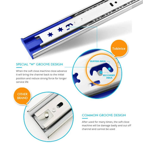 Close-up view of Six Pairs Of 16 Inch Side Mount Full Extension Soft Close Drawer Slides With Ball Bearing Action And 100 Pound Capacity, Zinc Plated Finish, 3-Section Design, Includes Extra Screws, Brackets Not Included.
