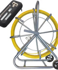 Workhorse Half Inch 1000 Foot Fiberglass Duct Rodder Kit with aluminum cage, stand, wheels, and extra tips for easy cable pulling