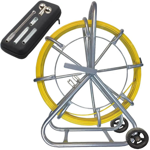 Workhorse Half Inch 1000 Foot Fiberglass Duct Rodder Kit with aluminum cage, stand, wheels, and extra tips for easy cable pulling