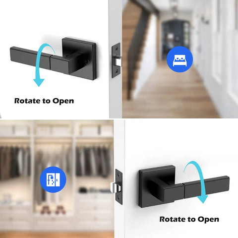 Matte Black Interior Door Handles Set Of 5 Non Locking Passage Knobs For Hallways And Closets Built Tough Zinc Alloy Construction Easy Reversible Fit For Pantry And Utility Rooms, showing reversible fit and rotation function.