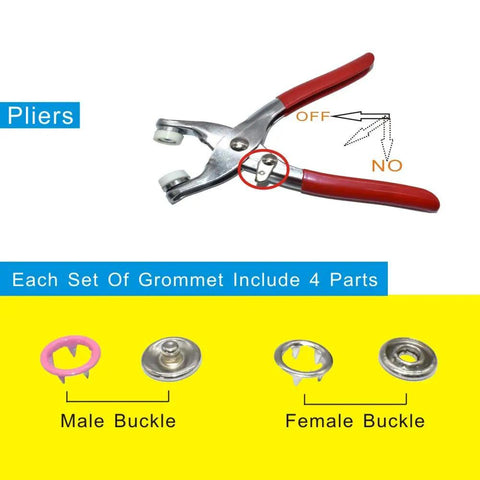200 Piece Snap Fastener Tool Kit With 10 Color Options Solid And Hollow 9.5mm Metal Eyelets, red pliers, and grommet parts.