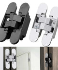 Invisible Cross Hinge 180 Degree Concealed Folding Door Hinge For Cabinets And Cupboards, black and silver options, close-up view