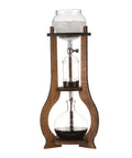 Bottoms Up Cold Brew Coffee Maker, Portable Iced Tea Drip Tower With Adjustable Copper Valve, Hand Blown Glass Brewer For Fresh Crisp Extraction, 800 Milliliter Capacity featuring elegant wood stand and glass containers.