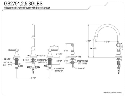 Georgian Widespread Two Handle Kitchen Faucet With Matching Brass Sprayer Swivel Spout Eight And A Quarter Inch Reach Polished Chrome Finish Durable Brass Construction Quarter Turn Ceramic Cartridge Easy Install diagram with dimensions and specifications.