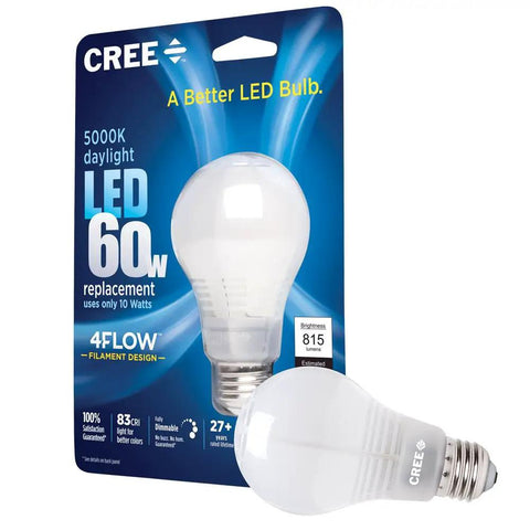 A19 LED Light Bulb 60W Equivalent 5000K Daylight, packaged 4Flow Filament Design, and separate bulb display