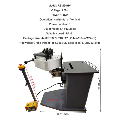 Heavy Duty Electric Ring Roll Bender For Steel Fabrication, 220V 1.1kW Motor With Reversible Foot Switch, side view dimensions and controls.