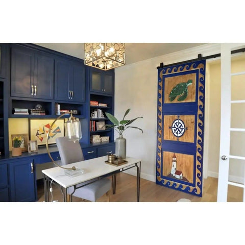 Coastline Nautical Barn Door For Exterior And Interior Sliding Use, Single Or Double Doors, Sea Turtle Lighthouse And Compass Decor, Dope Coastal Vibe, Hardware Not Included, Glass Not Included, Ready For Your Diy Install, shown in home office setup