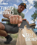 Man using Compact Pack Hatchet with 3.5 Inch Steel Blade, full tang, ergonomic rubber grip for comfortable chops on wood.